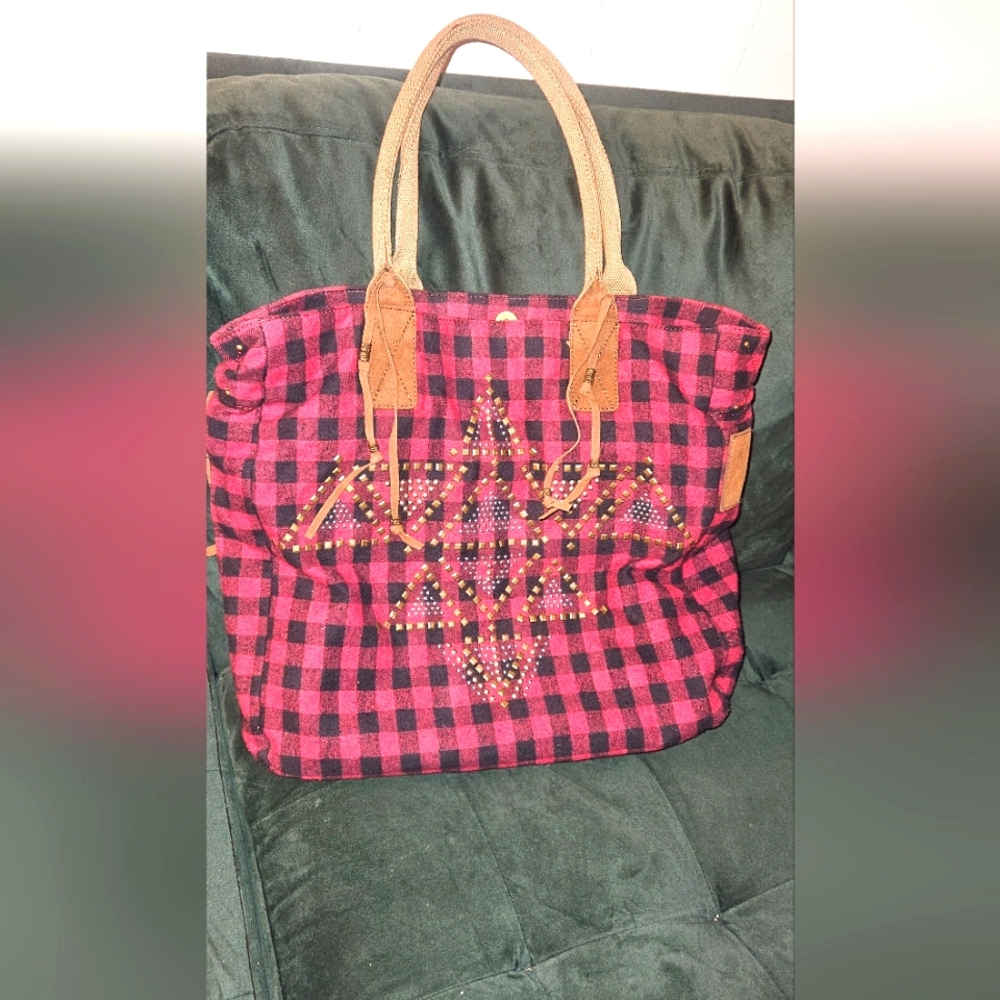 Vintage Lucky Brand Plaid  Flannel Tote Southwest Metal Embellishment